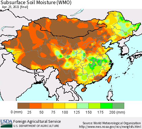 China, Mongolia and Taiwan Subsurface Soil Moisture (WMO) Thematic Map For 4/19/2021 - 4/25/2021