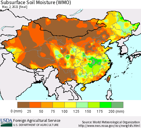 China, Mongolia and Taiwan Subsurface Soil Moisture (WMO) Thematic Map For 4/26/2021 - 5/2/2021