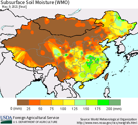China, Mongolia and Taiwan Subsurface Soil Moisture (WMO) Thematic Map For 5/3/2021 - 5/9/2021