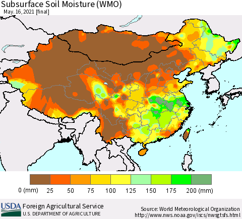 China, Mongolia and Taiwan Subsurface Soil Moisture (WMO) Thematic Map For 5/10/2021 - 5/16/2021