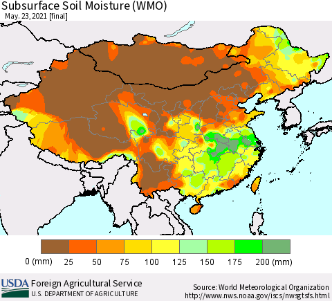 China, Mongolia and Taiwan Subsurface Soil Moisture (WMO) Thematic Map For 5/17/2021 - 5/23/2021