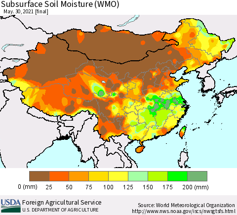 China, Mongolia and Taiwan Subsurface Soil Moisture (WMO) Thematic Map For 5/24/2021 - 5/30/2021