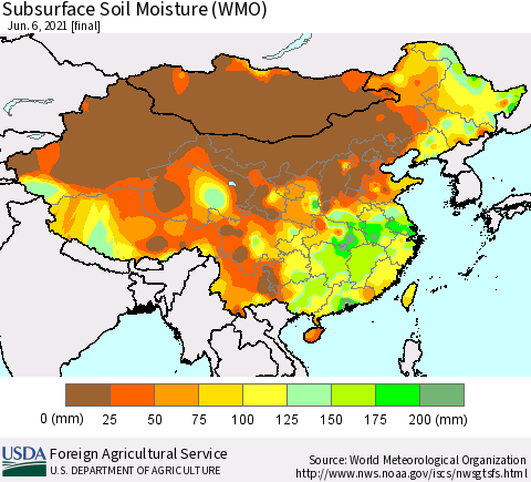 China, Mongolia and Taiwan Subsurface Soil Moisture (WMO) Thematic Map For 5/31/2021 - 6/6/2021