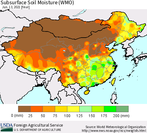 China, Mongolia and Taiwan Subsurface Soil Moisture (WMO) Thematic Map For 6/7/2021 - 6/13/2021