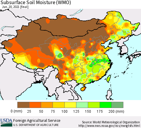 China, Mongolia and Taiwan Subsurface Soil Moisture (WMO) Thematic Map For 6/14/2021 - 6/20/2021