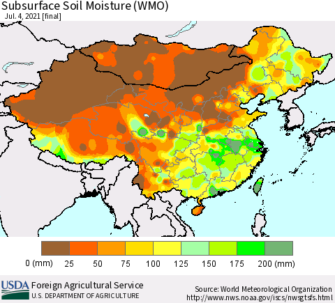 China, Mongolia and Taiwan Subsurface Soil Moisture (WMO) Thematic Map For 6/28/2021 - 7/4/2021