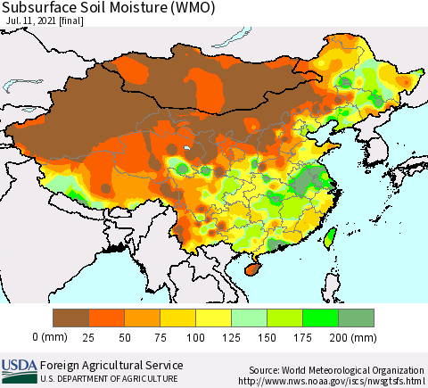 China, Mongolia and Taiwan Subsurface Soil Moisture (WMO) Thematic Map For 7/5/2021 - 7/11/2021