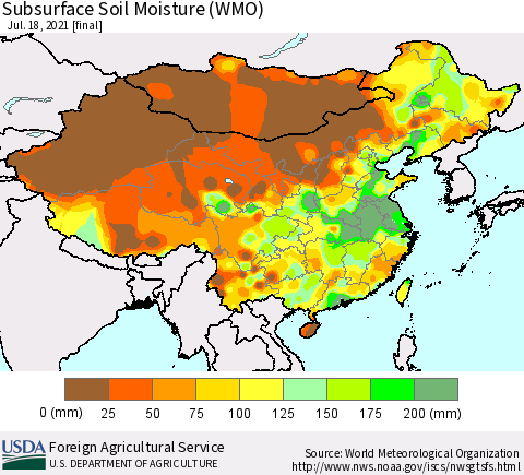 China, Mongolia and Taiwan Subsurface Soil Moisture (WMO) Thematic Map For 7/12/2021 - 7/18/2021