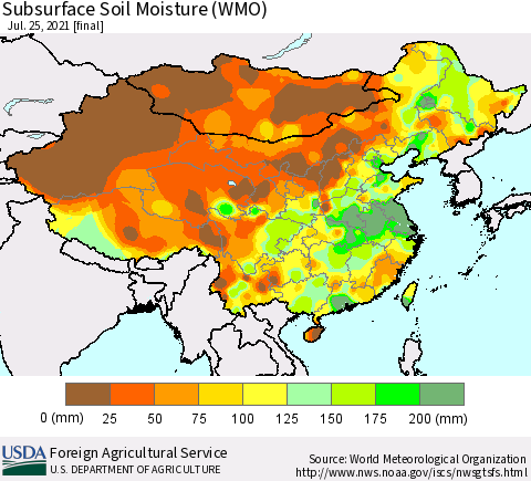 China, Mongolia and Taiwan Subsurface Soil Moisture (WMO) Thematic Map For 7/19/2021 - 7/25/2021