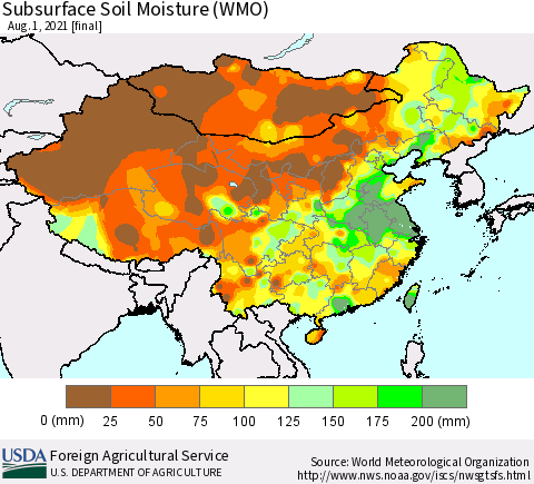 China, Mongolia and Taiwan Subsurface Soil Moisture (WMO) Thematic Map For 7/26/2021 - 8/1/2021