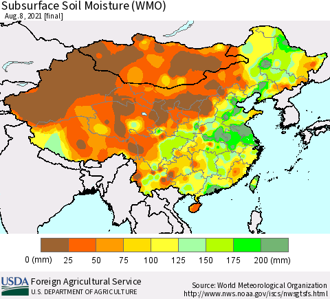China, Mongolia and Taiwan Subsurface Soil Moisture (WMO) Thematic Map For 8/2/2021 - 8/8/2021