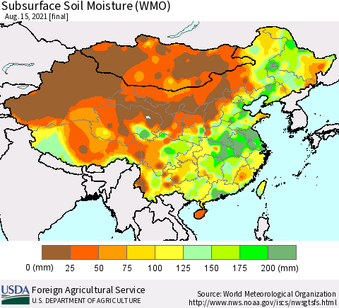 China, Mongolia and Taiwan Subsurface Soil Moisture (WMO) Thematic Map For 8/9/2021 - 8/15/2021