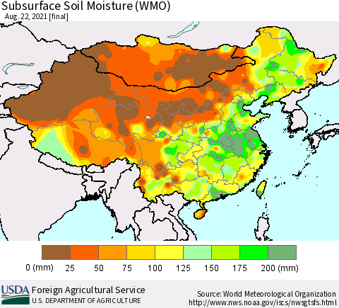 China, Mongolia and Taiwan Subsurface Soil Moisture (WMO) Thematic Map For 8/16/2021 - 8/22/2021