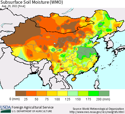 China, Mongolia and Taiwan Subsurface Soil Moisture (WMO) Thematic Map For 8/23/2021 - 8/29/2021