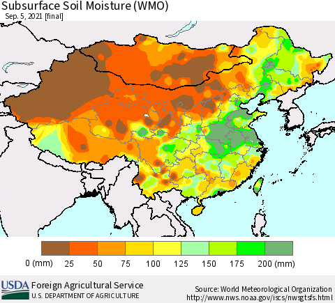 China, Mongolia and Taiwan Subsurface Soil Moisture (WMO) Thematic Map For 8/30/2021 - 9/5/2021