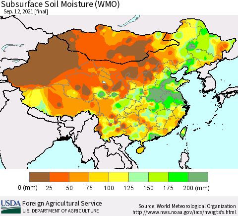 China, Mongolia and Taiwan Subsurface Soil Moisture (WMO) Thematic Map For 9/6/2021 - 9/12/2021