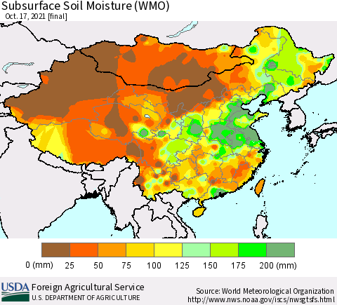 China, Mongolia and Taiwan Subsurface Soil Moisture (WMO) Thematic Map For 10/11/2021 - 10/17/2021