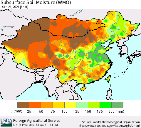 China, Mongolia and Taiwan Subsurface Soil Moisture (WMO) Thematic Map For 10/18/2021 - 10/24/2021