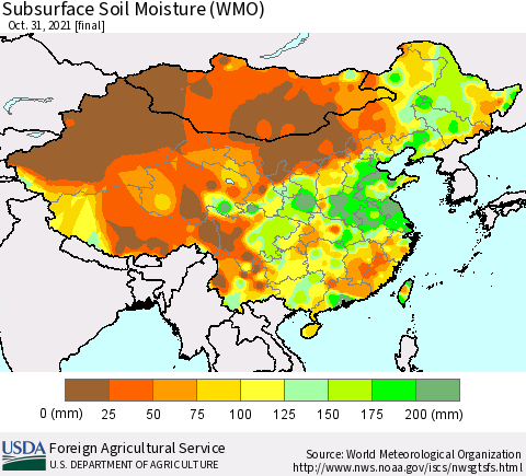 China, Mongolia and Taiwan Subsurface Soil Moisture (WMO) Thematic Map For 10/25/2021 - 10/31/2021