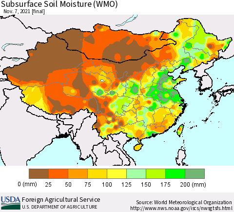 China, Mongolia and Taiwan Subsurface Soil Moisture (WMO) Thematic Map For 11/1/2021 - 11/7/2021
