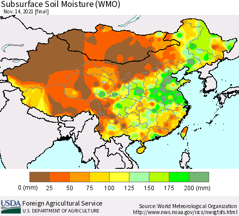 China, Mongolia and Taiwan Subsurface Soil Moisture (WMO) Thematic Map For 11/8/2021 - 11/14/2021