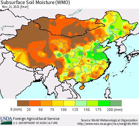 China, Mongolia and Taiwan Subsurface Soil Moisture (WMO) Thematic Map For 11/15/2021 - 11/21/2021