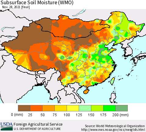China, Mongolia and Taiwan Subsurface Soil Moisture (WMO) Thematic Map For 11/22/2021 - 11/28/2021