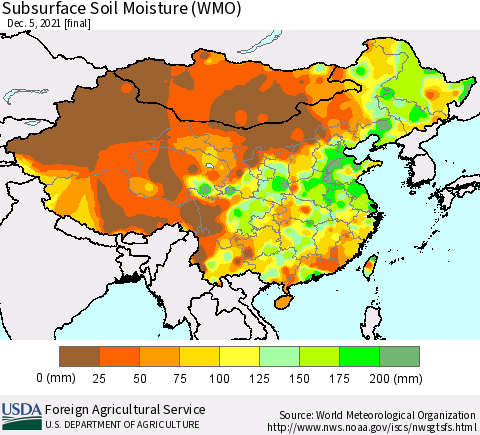 China, Mongolia and Taiwan Subsurface Soil Moisture (WMO) Thematic Map For 11/29/2021 - 12/5/2021