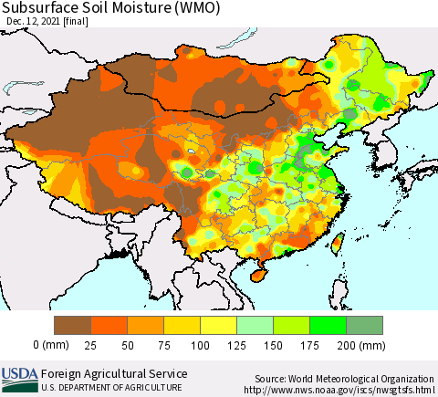 China, Mongolia and Taiwan Subsurface Soil Moisture (WMO) Thematic Map For 12/6/2021 - 12/12/2021