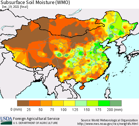 China, Mongolia and Taiwan Subsurface Soil Moisture (WMO) Thematic Map For 12/13/2021 - 12/19/2021