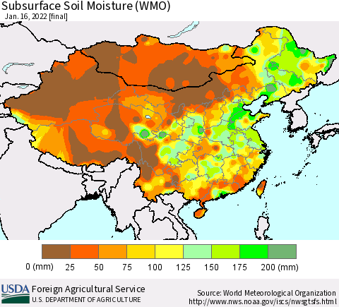 China, Mongolia and Taiwan Subsurface Soil Moisture (WMO) Thematic Map For 1/10/2022 - 1/16/2022