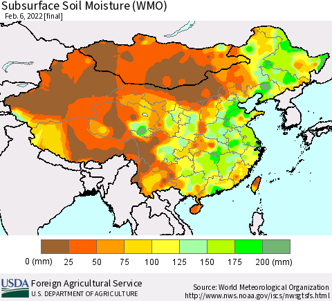 China, Mongolia and Taiwan Subsurface Soil Moisture (WMO) Thematic Map For 1/31/2022 - 2/6/2022