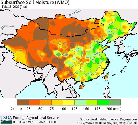 China, Mongolia and Taiwan Subsurface Soil Moisture (WMO) Thematic Map For 2/7/2022 - 2/13/2022