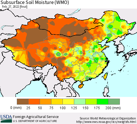 China, Mongolia and Taiwan Subsurface Soil Moisture (WMO) Thematic Map For 2/21/2022 - 2/27/2022
