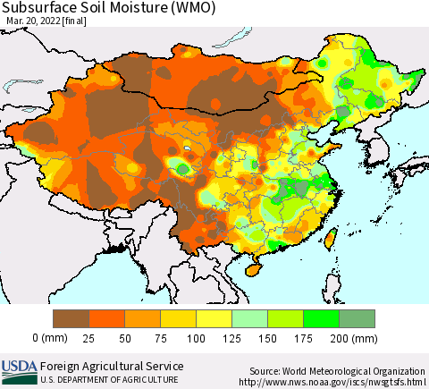 China, Mongolia and Taiwan Subsurface Soil Moisture (WMO) Thematic Map For 3/14/2022 - 3/20/2022