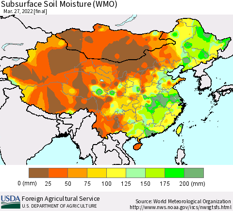 China, Mongolia and Taiwan Subsurface Soil Moisture (WMO) Thematic Map For 3/21/2022 - 3/27/2022