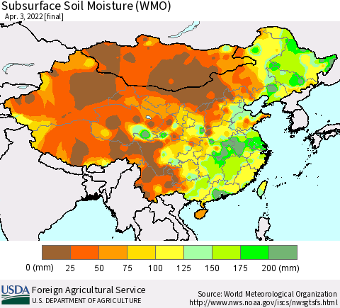 China, Mongolia and Taiwan Subsurface Soil Moisture (WMO) Thematic Map For 3/28/2022 - 4/3/2022