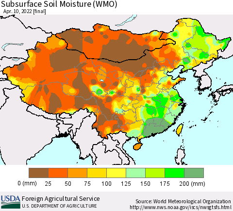 China, Mongolia and Taiwan Subsurface Soil Moisture (WMO) Thematic Map For 4/4/2022 - 4/10/2022