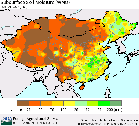 China, Mongolia and Taiwan Subsurface Soil Moisture (WMO) Thematic Map For 4/18/2022 - 4/24/2022