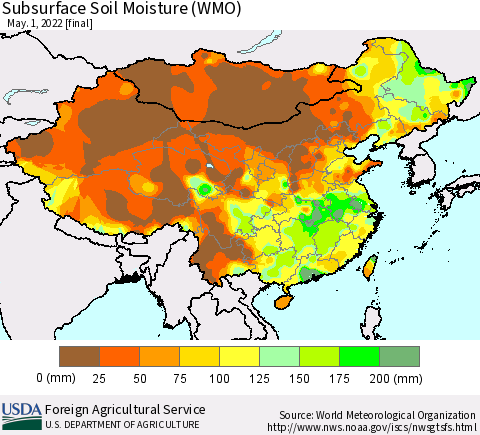China, Mongolia and Taiwan Subsurface Soil Moisture (WMO) Thematic Map For 4/25/2022 - 5/1/2022