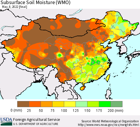 China, Mongolia and Taiwan Subsurface Soil Moisture (WMO) Thematic Map For 5/2/2022 - 5/8/2022