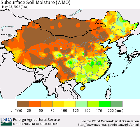 China, Mongolia and Taiwan Subsurface Soil Moisture (WMO) Thematic Map For 5/9/2022 - 5/15/2022