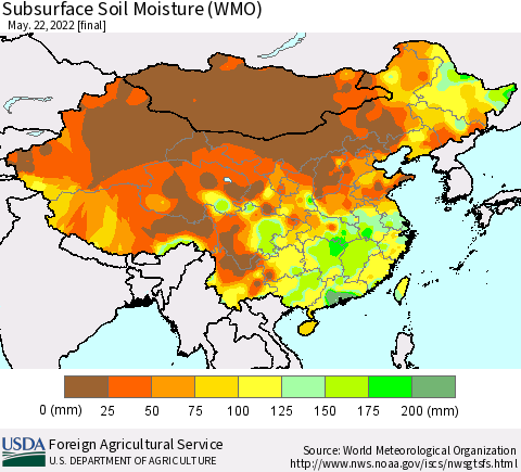 China, Mongolia and Taiwan Subsurface Soil Moisture (WMO) Thematic Map For 5/16/2022 - 5/22/2022