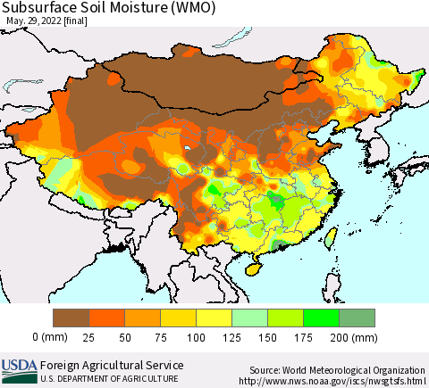 China, Mongolia and Taiwan Subsurface Soil Moisture (WMO) Thematic Map For 5/23/2022 - 5/29/2022