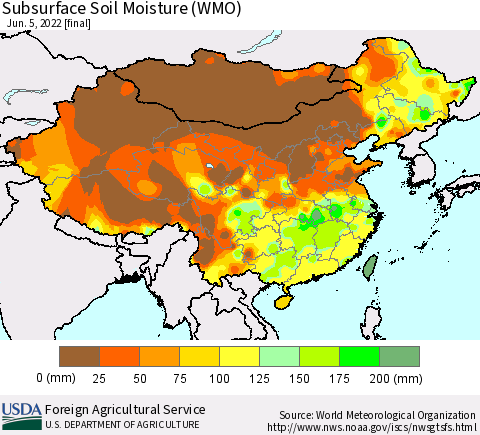 China, Mongolia and Taiwan Subsurface Soil Moisture (WMO) Thematic Map For 5/30/2022 - 6/5/2022