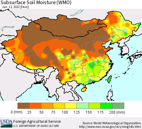 China, Mongolia and Taiwan Subsurface Soil Moisture (WMO) Thematic Map For 6/6/2022 - 6/12/2022