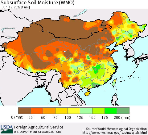 China, Mongolia and Taiwan Subsurface Soil Moisture (WMO) Thematic Map For 6/13/2022 - 6/19/2022