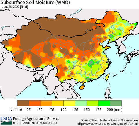 China, Mongolia and Taiwan Subsurface Soil Moisture (WMO) Thematic Map For 6/20/2022 - 6/26/2022