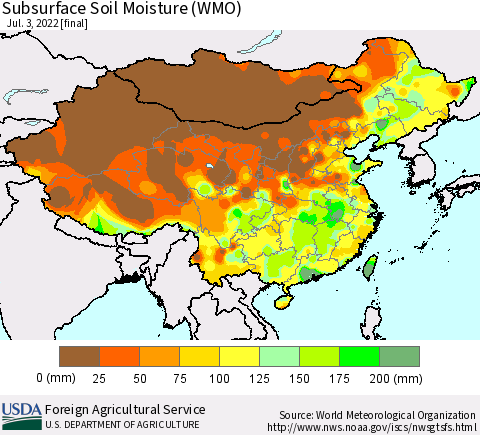 China, Mongolia and Taiwan Subsurface Soil Moisture (WMO) Thematic Map For 6/27/2022 - 7/3/2022