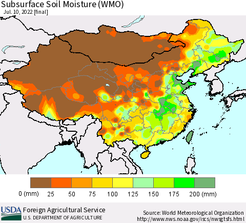 China, Mongolia and Taiwan Subsurface Soil Moisture (WMO) Thematic Map For 7/4/2022 - 7/10/2022